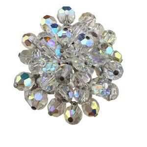 Vintage Clear Aurora Borealis Glass Crystal Cluster Brooch Pin Silver Tone Jewel